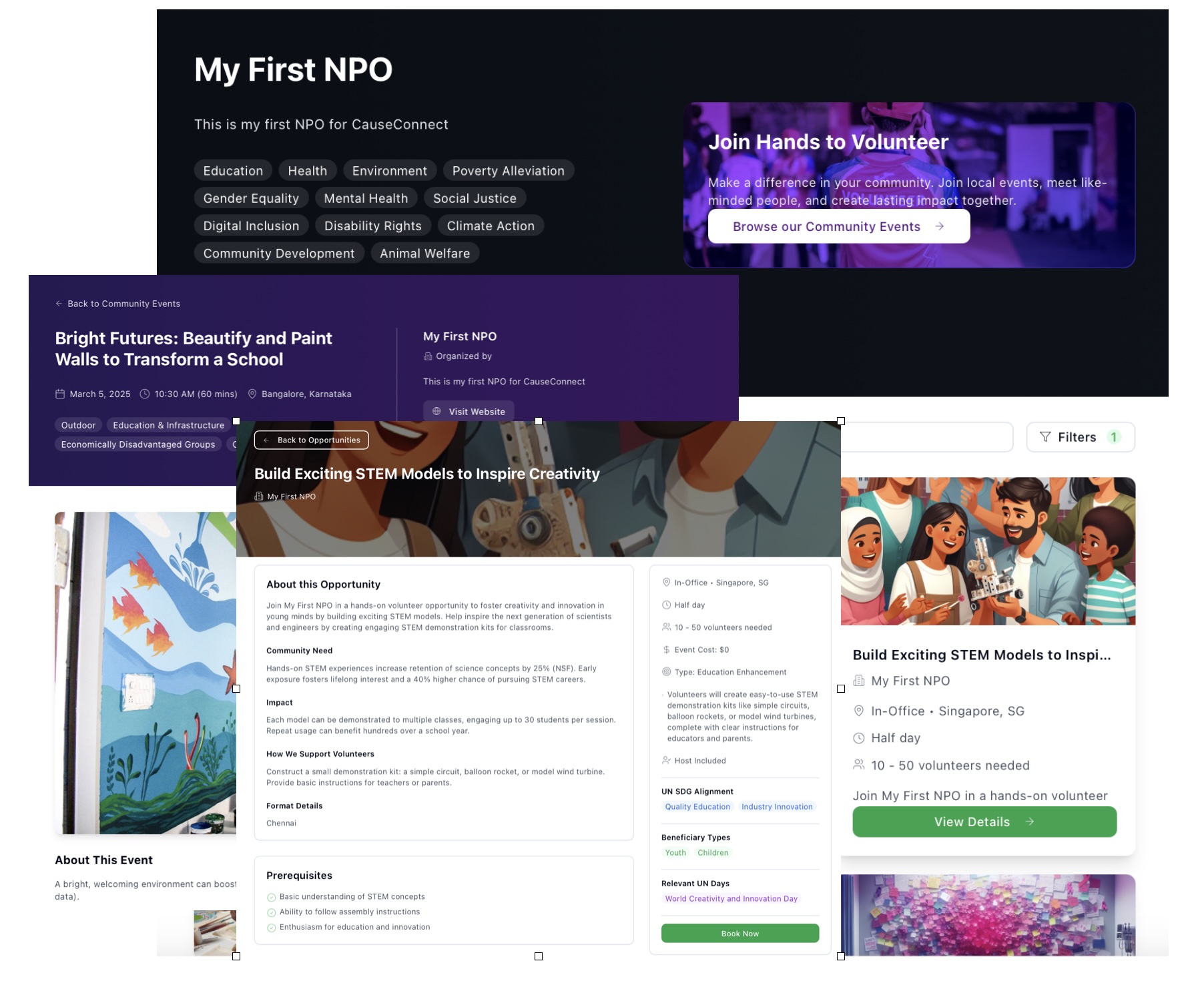 Mission Hub Interface showing nonprofit opportunities